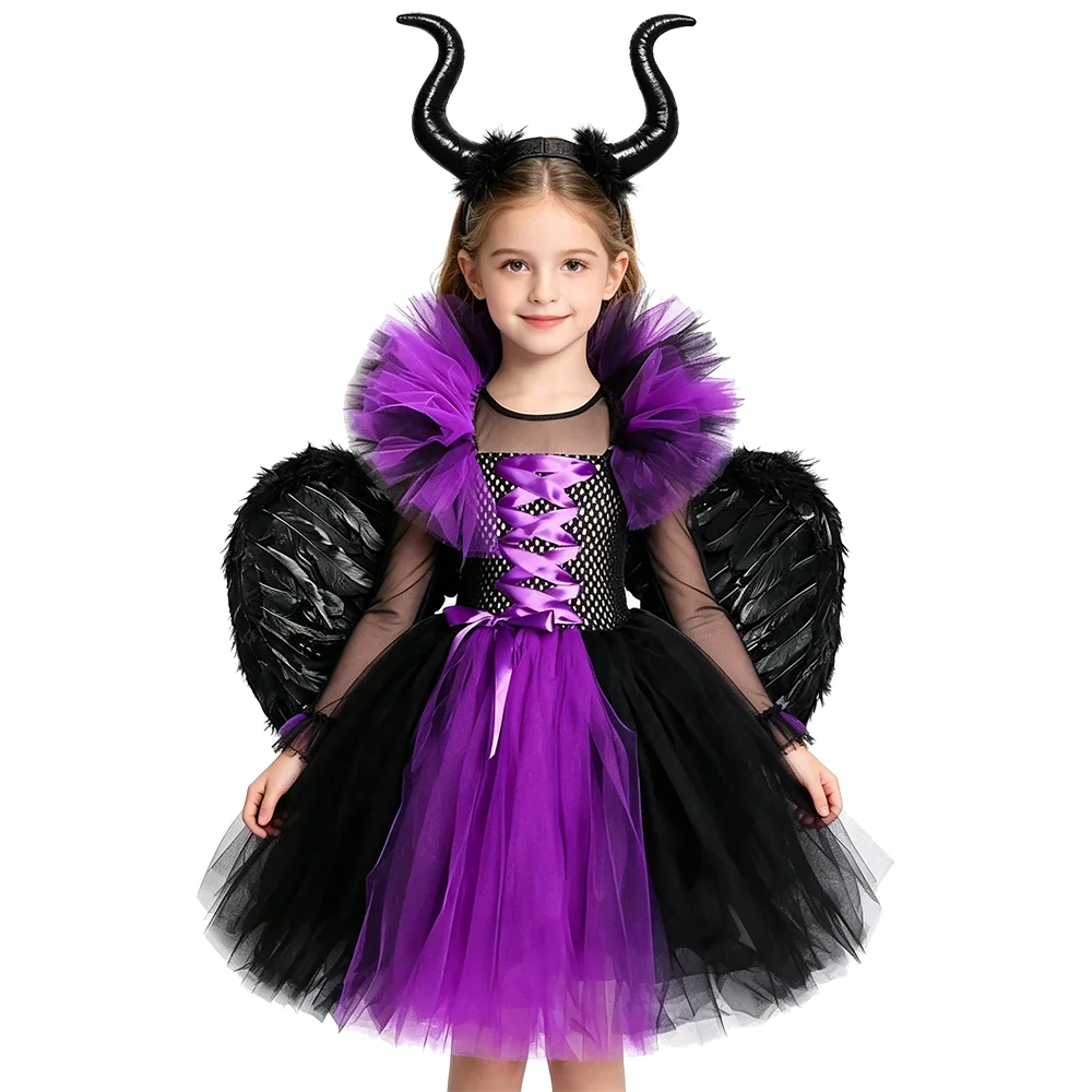 Costumes longs noirs et violets Maleficent pour filles avec ailes en plumes, cornes, démon, sorcière, reine, robe tutu longue pour enfants pour Halloween