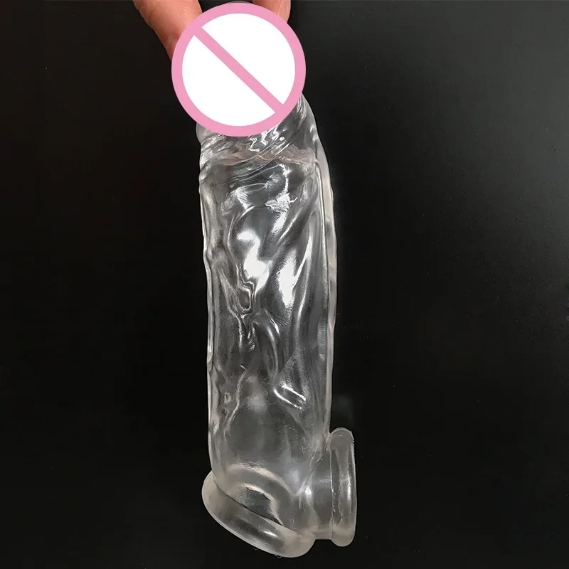 Penis Extension Sleeve Lengthen Reusable Enlargement Condoms Silicone Dick Cock Testicle Ring Erection Erotic Sex Toys