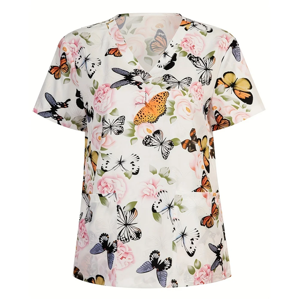 Nurse Uniform Women's Tops V Neck T Shirt Cat Dog Cartoon Printed Tops Uniform Short Sleeve Pockets Medical Female Nurse Uniform