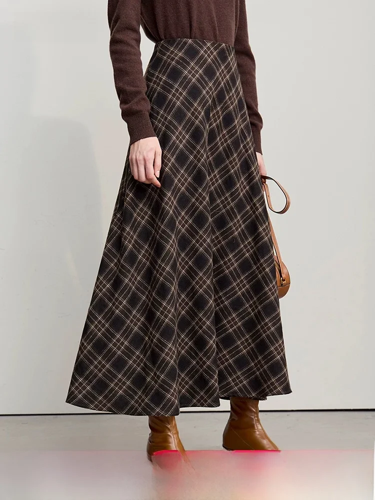 

Autumn Winter Plaid A-Line Long Skirt Women's Busin Casual Polyester Fiber Wool Blend Midi Skirt Vintage Briti Sle