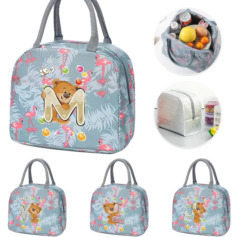 Thermal Lunch Dinner Bags Canvas Bear Letter Handbag Picnic Travel Breakfast Box School Child Convenient Lunch Bag Tote Food Bag