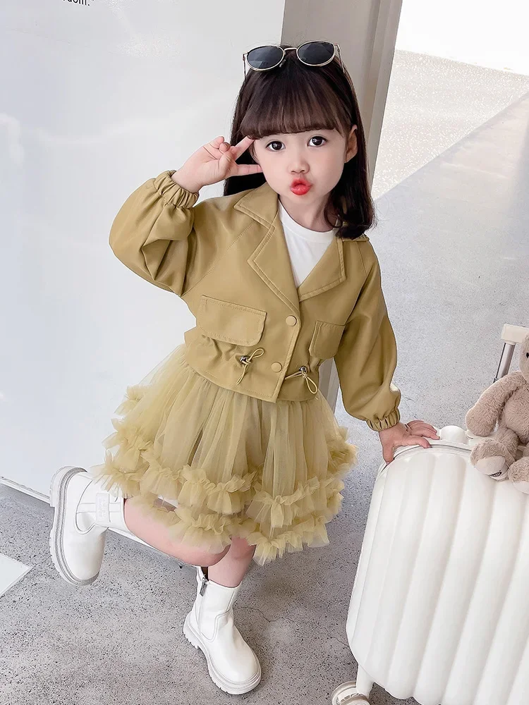 

New Girls PU Leather Jacket + Mesh Tutu Dress 2pcs Set Black Green Fashion Spring Autumn Kids Windbreaker 1-8 Years XMP650