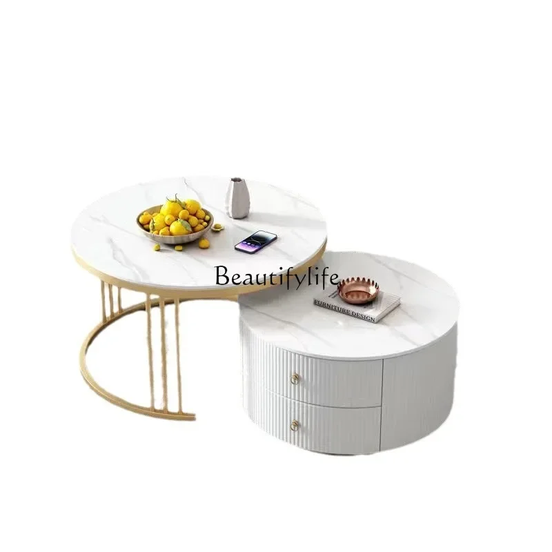 

LJY*Round rock slab coffee table small apartment household simple modern living room telescopic size combination