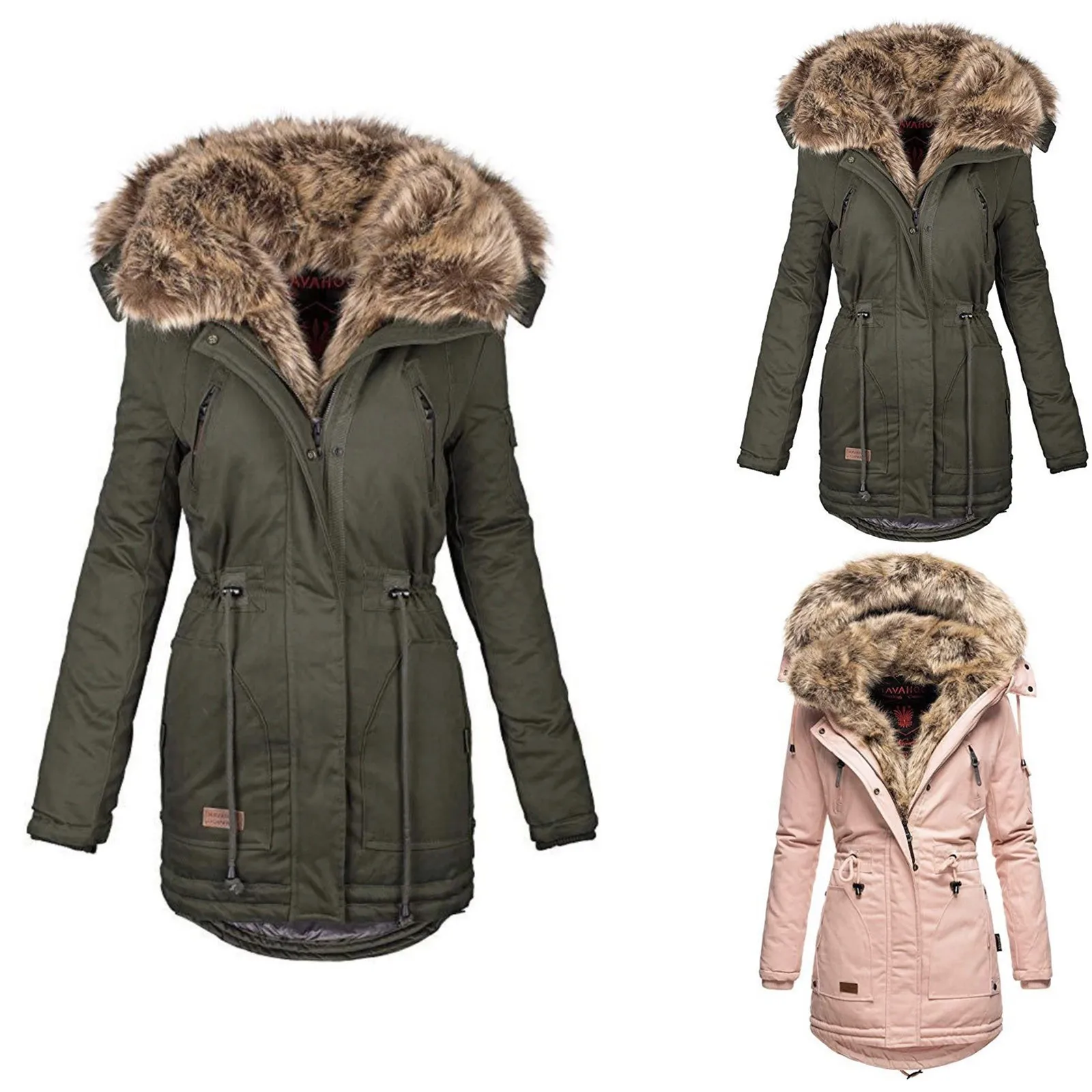 Plus Size Women Winter Long Jacket Fur Collar Thicken Warm Cotton Coat Loose Parkas Padded Hooded Outerwear 2024 New