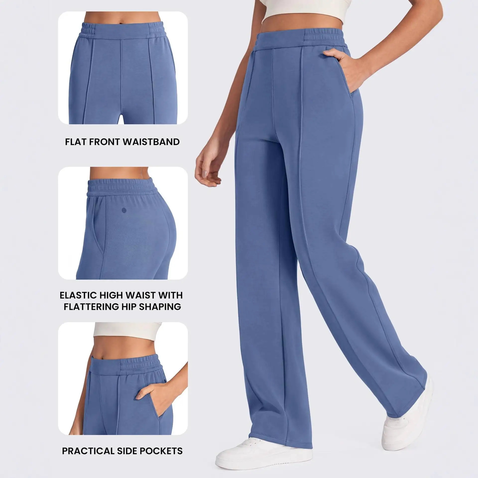 

High Waist Comfortable Black Straight Leg Pants Women's Loose Elastic Waist Trousers Long Pants with Pockets Casual Style
