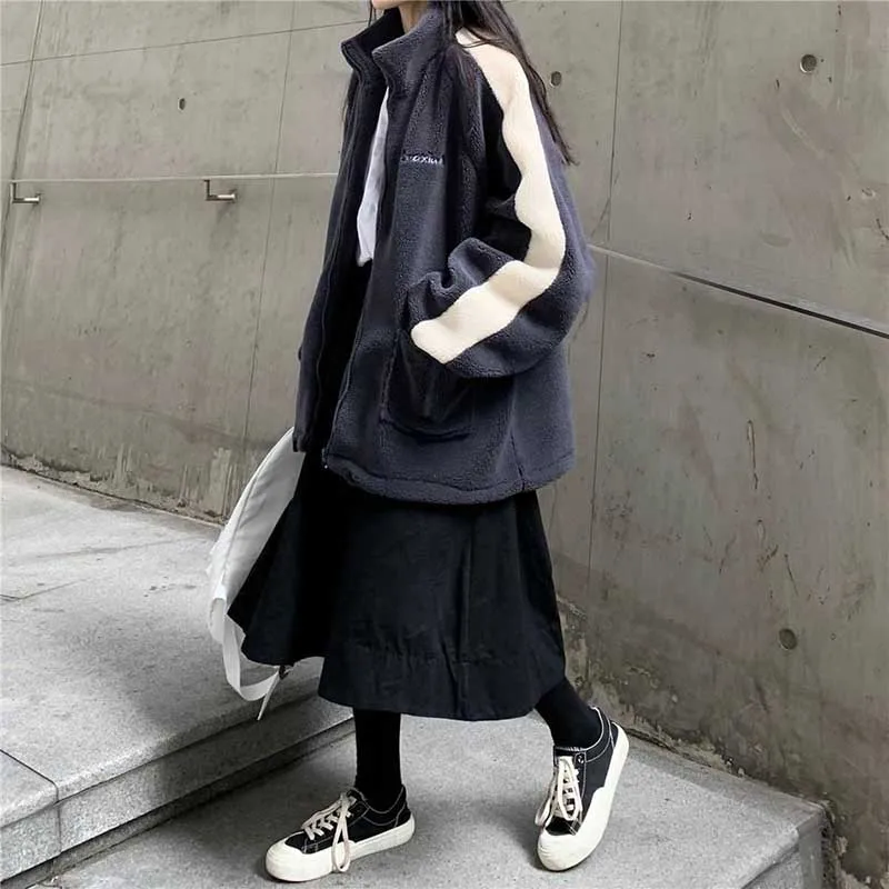 Women's Spring Autumn / Winter New Fashion Patchwork CoatThick Coat Lady Super Loose Boyfriend Style Streetwear Warm Basic Coat