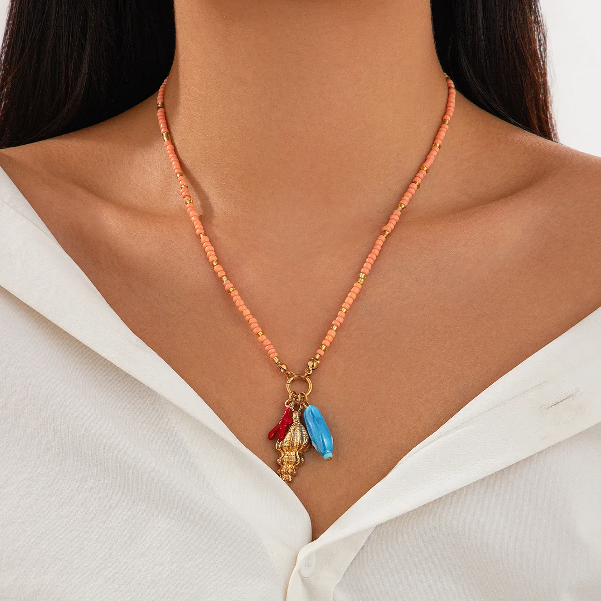 Pendant Necklace Hand Eye Shell Fish Seed Beads Ocean Theme Layered Choker in Antique Bronze Tone for Women Beach