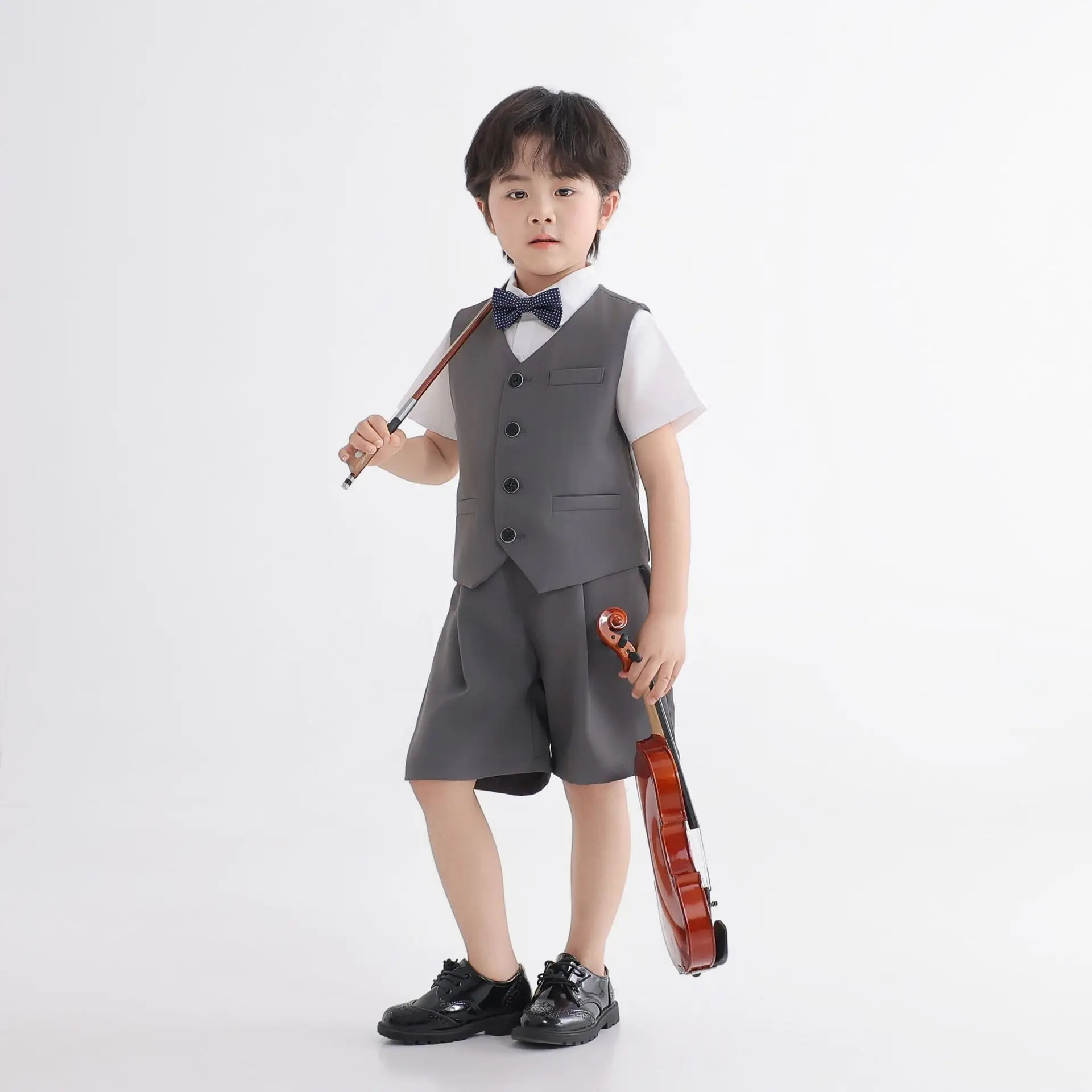Boys Summer Formal Suit Set Grey Vest Shorts White Short Sleeve Shirt Bow Kids Violin Performance Costume Music Recital Outfit