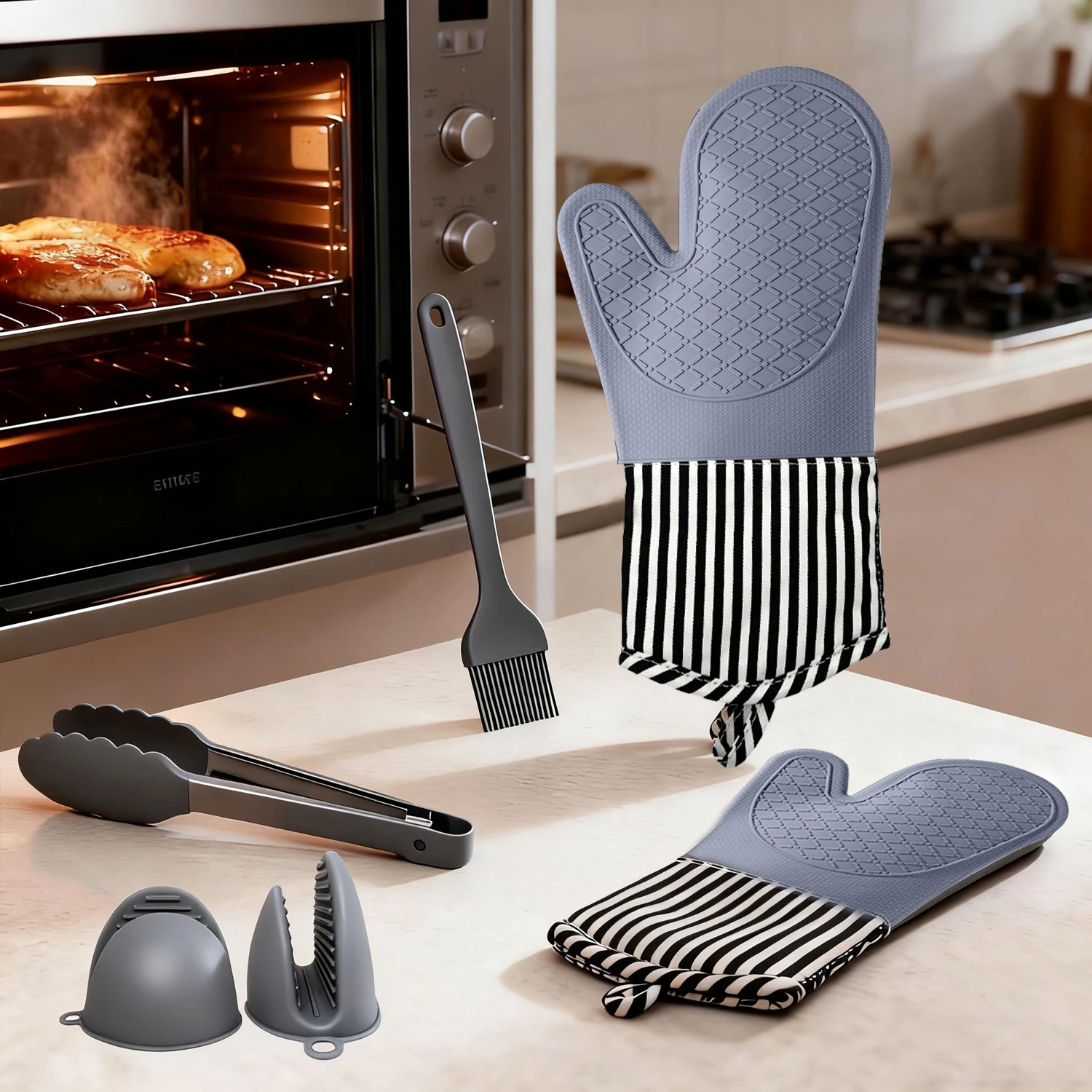 

Professional Heat-resistant Silicone Oven Mitts Gloves With Pot Holders Sets for Kitchen Baking Cooking