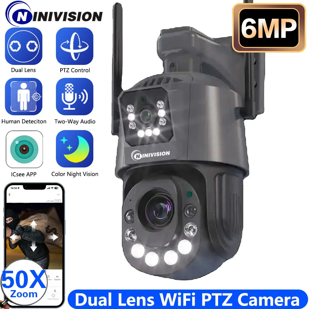 4K 6MP Two-Way Audio Dual Lens PTZ Wifi Camera Outdoor 50X Optical Zoom AI Human Detection 150-200M Night Vision IP Camera iCsee