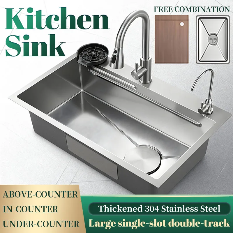 

Kitchen Large Capacity Sink Double-track Thickened 304 Stainless Steel Multifunctional combination Pull-out tap Cup washer