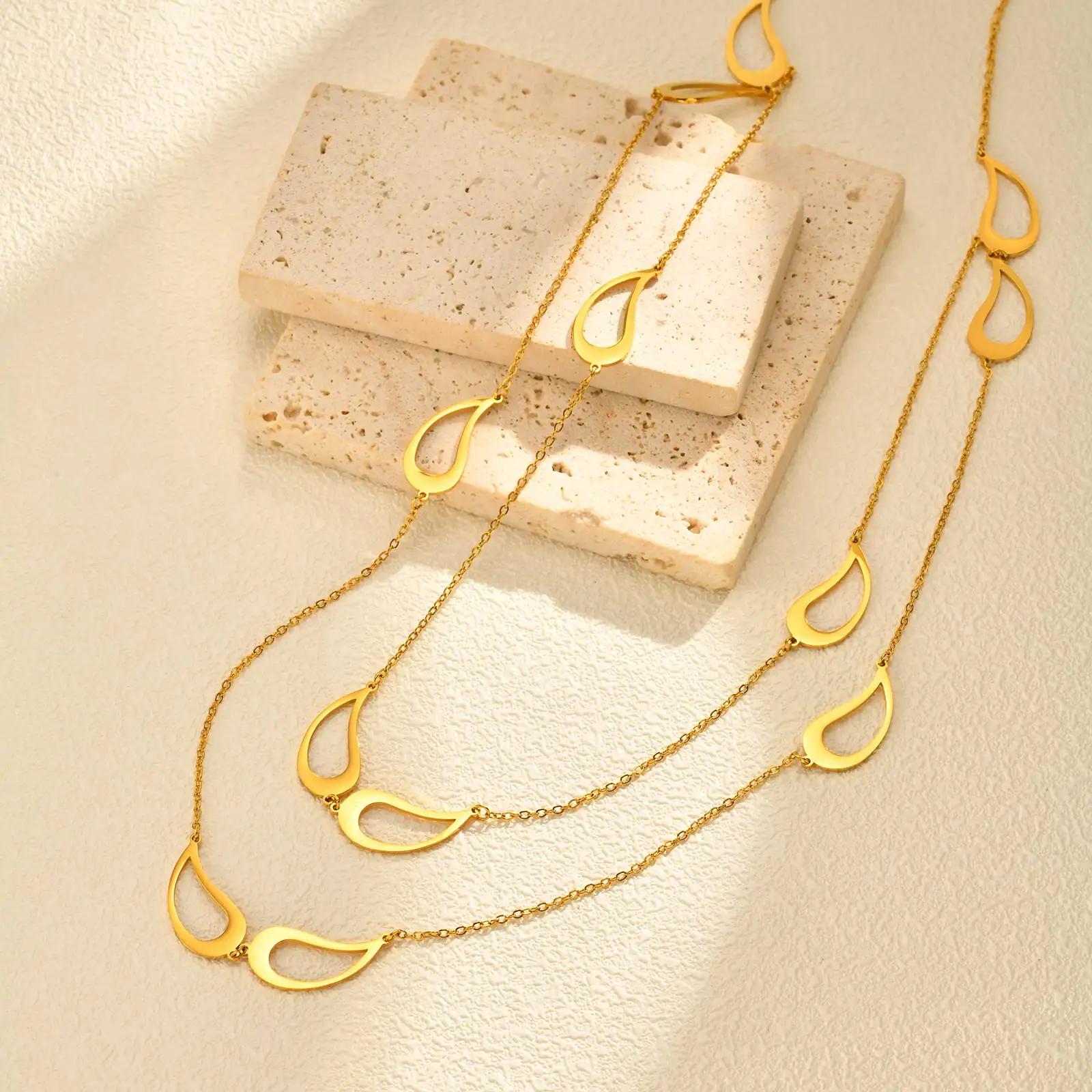 Fashion Hollow Waterdrop Double Layer Necklace for Women,Gold Color Stainless Steel Necklaces,Match Dress Accessories Jewelry