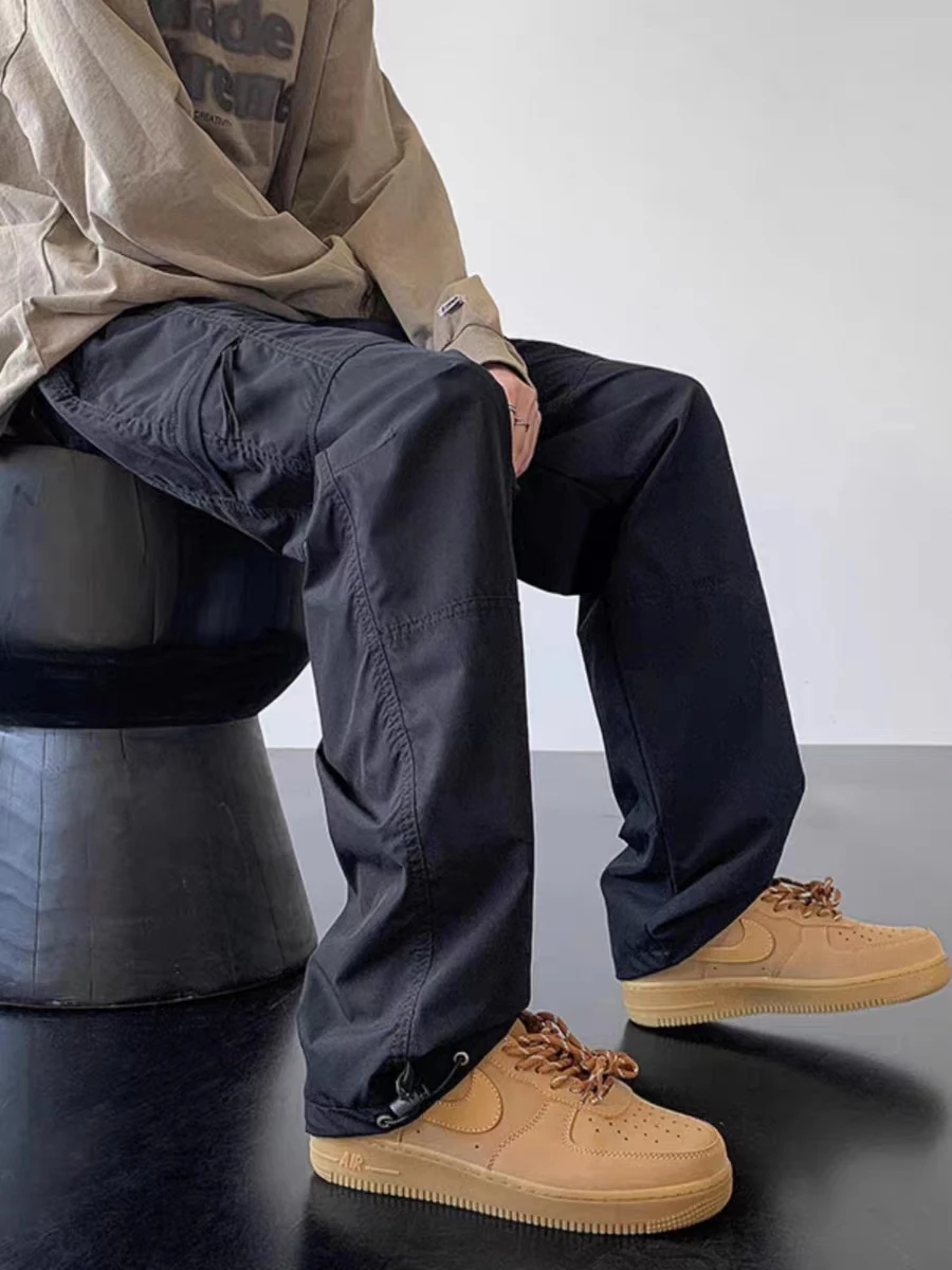 

Мужские широкие брюки-карго с множеством карманов, 1 шт., эластичный пояс с завязками, повседневные брюки в уличном стиле