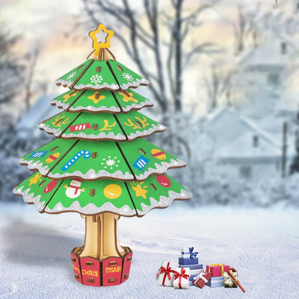 

Christmas Tree 3D Puzzle Wooden Educational Creative Colorful Smooth Edges Early Learning Gift for Kids Children Cognitive