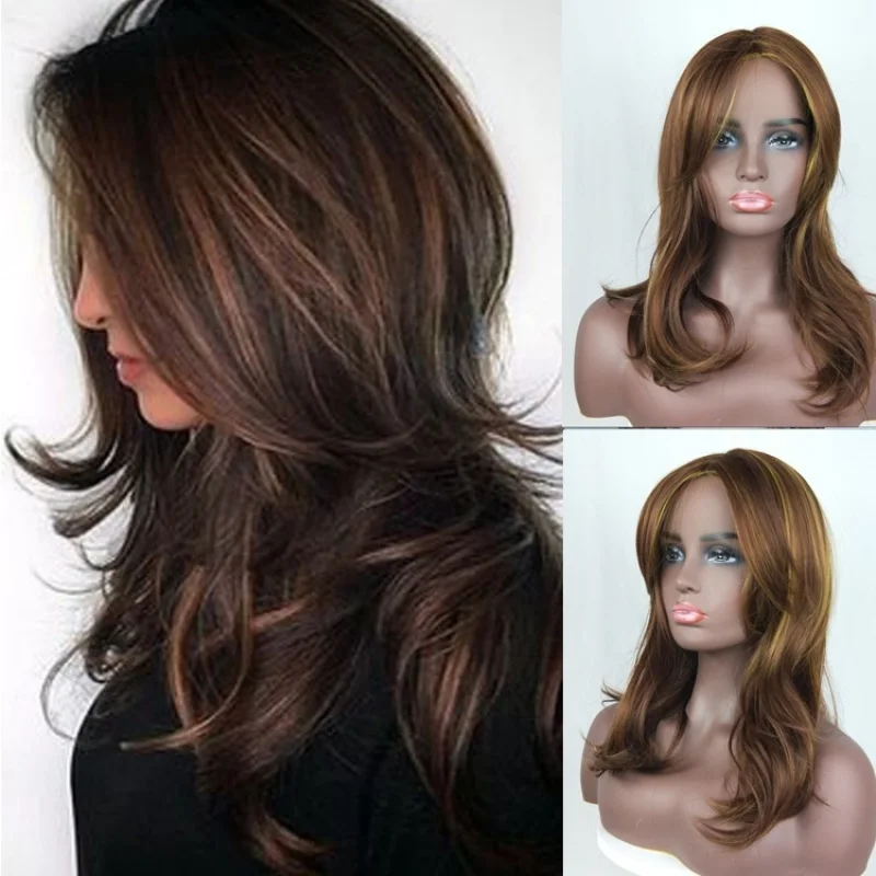 European and American women's wigs side-parting medium-long hair in a mixed color of linen brown with highlights