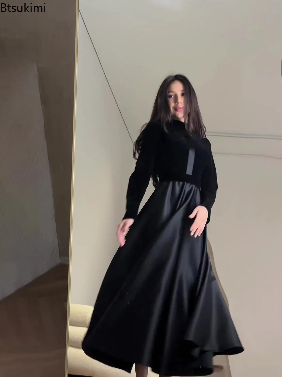 Temperament Slim Maxi Dresses for Women Fashion Velvet Spliced Vintage Long Sleeve Dress Elegant Commuter Robes Ladies Vestidos