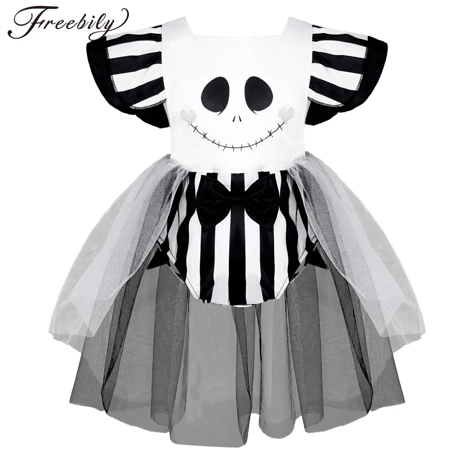 Infant Baby Girls Halloween Ghost Costume Puff Sleeves Skull Face Romper Dress Tulle Jumpsuit Cosplay Theme Party Fancy Dress Up