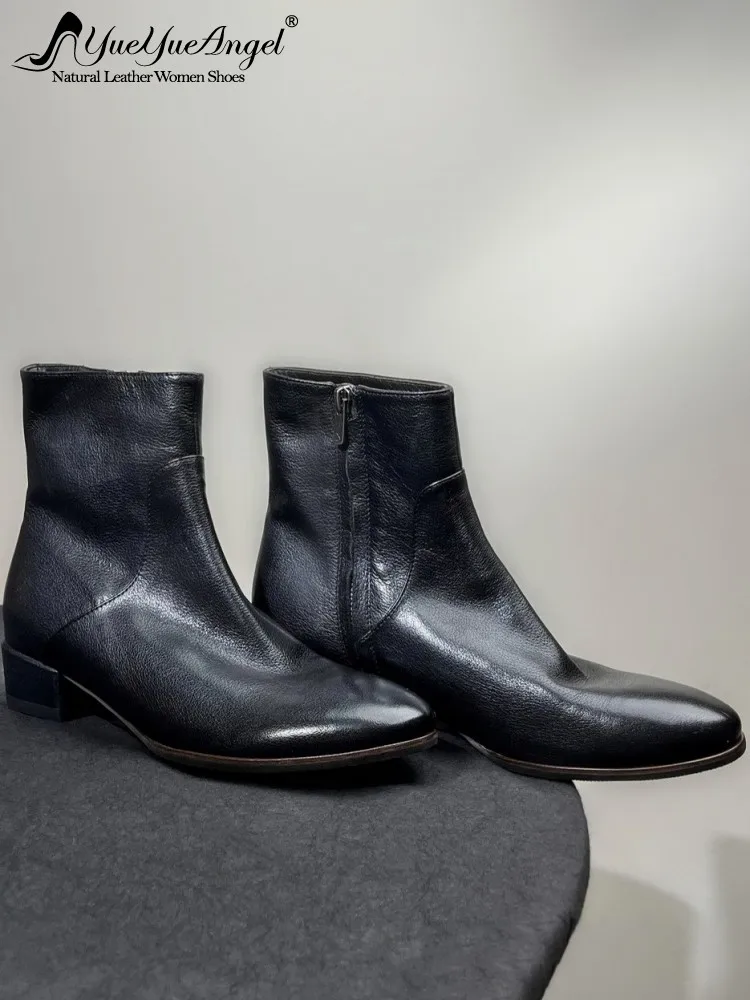 

Стильные ботильоны ручной работы из натуральной кожи с круглым носком на массивном каблуке, однотонная женская модная обувь на молнии из воловьей кожи