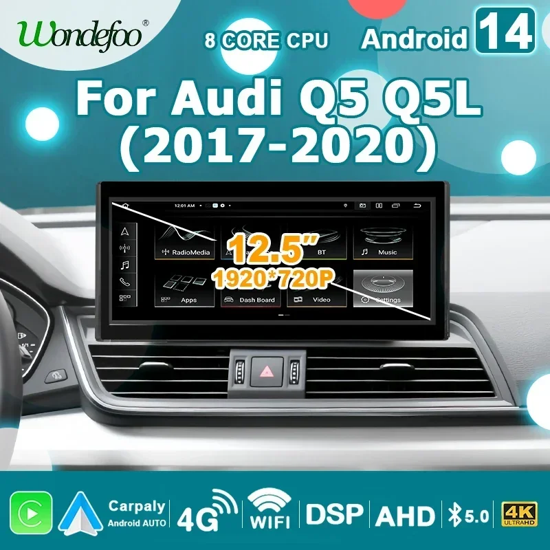 Wireless Car Radio Carplay 12.5'' Screen Android 14  Auto Stereo For Audi Q5 2017-2020 2 din autoradio Multimedia player 4G LTE