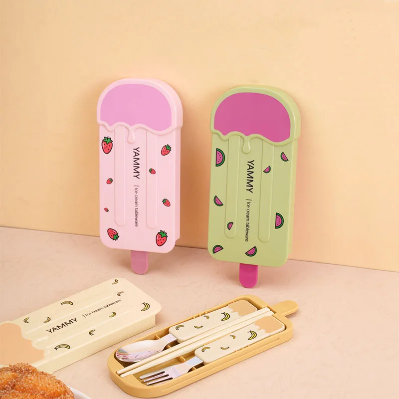 

304 Stainless Steel Portable Tableware Set Fork Spoon Chopsticks with Cute Cartoon Storage Box Cutlery Set Christmas Gift