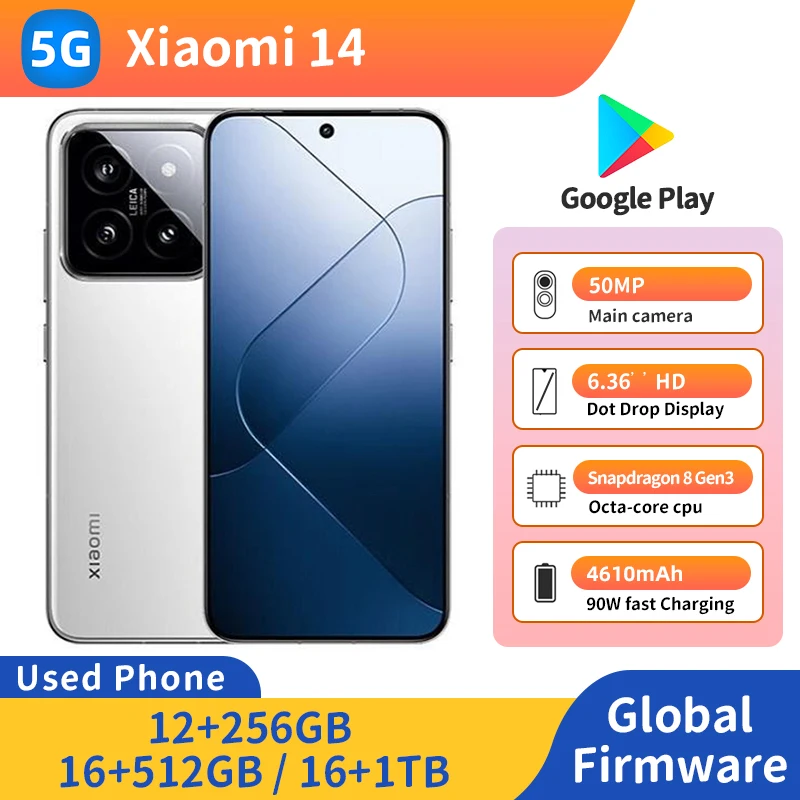 هاتف Xiaomi 14 5G RAM 16GB ROM 512GB 6.36 بوصة OLEO 2670x1200px 4610mAh Snapdragon 8 Gen3 مستعمل
