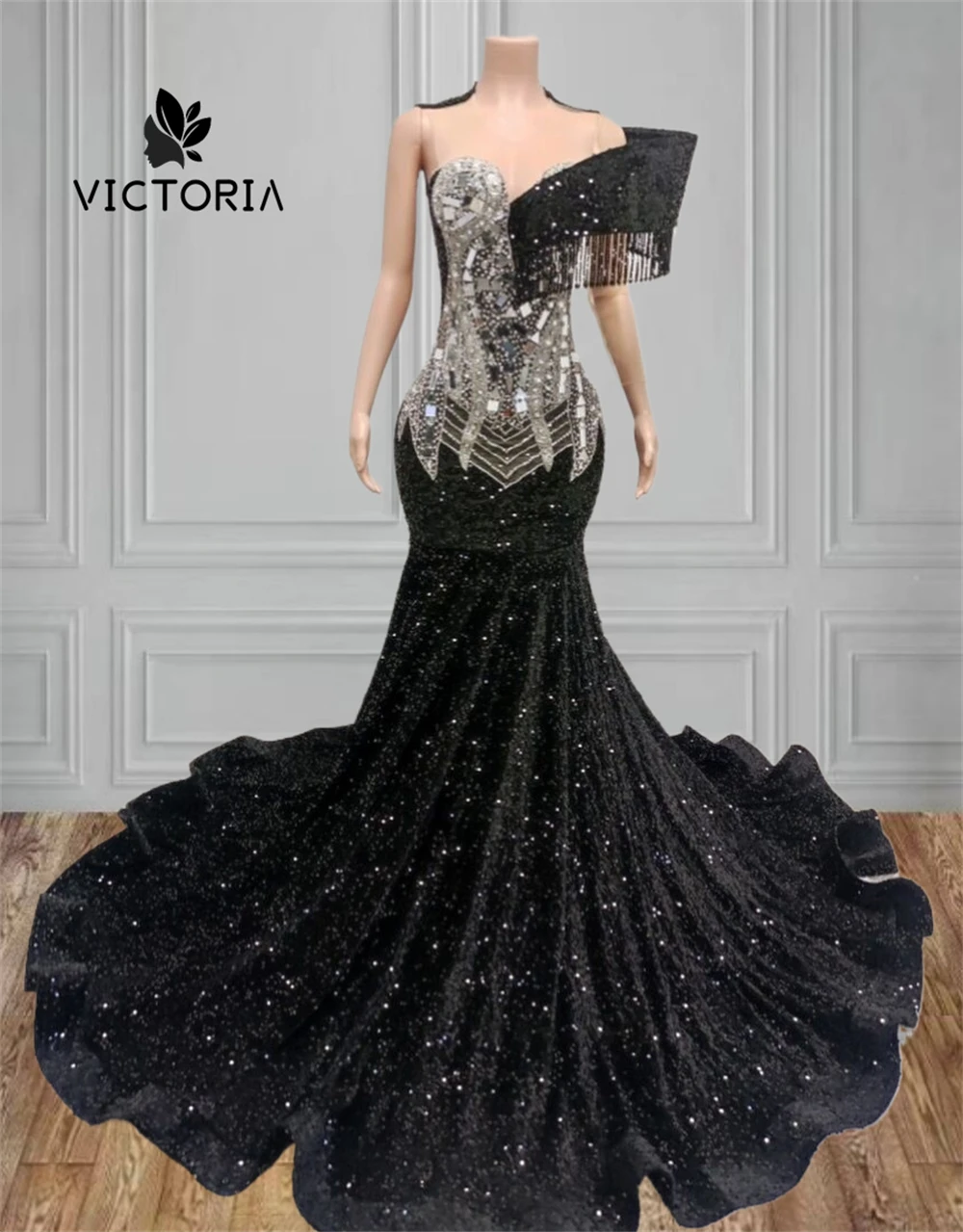 

Fabulous Black Sequin Mermaid Prom Dresses Luxury 2025 Silvery Mirror Pieces Tassels Evening Party Gowns Black Girls Customized