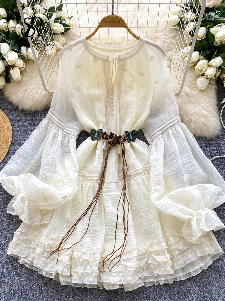 فستان SINGREINY صيفي مطرز متوسط الطول للسيدات بأكمام واسعة وكشكشة على شكل فراشة وشاحات فرنسية قابلة للطي فستان صيفي عتيق للعطلات #1