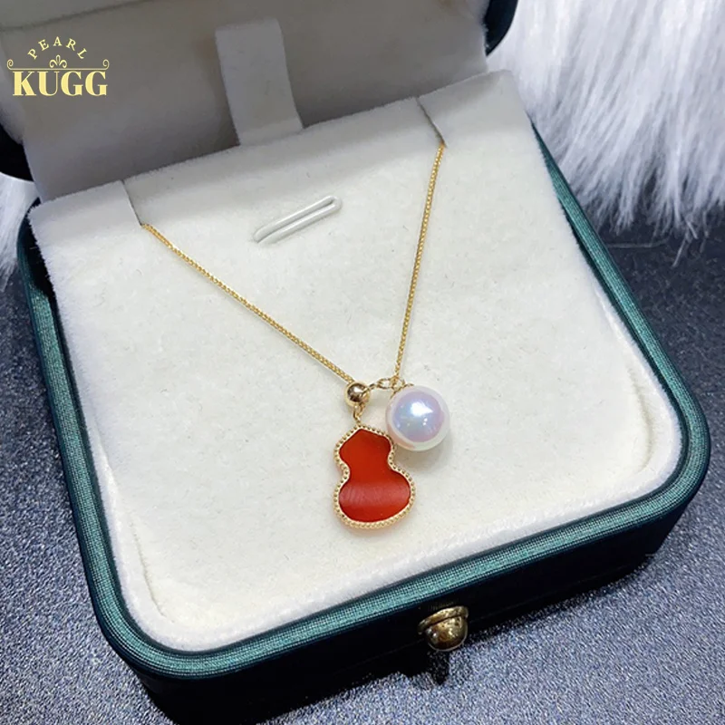 

KUGG PEARL 18K Yellow Gold Necklace 7-8mm Natural Akoyo Pearl Chain Red Agate Necklace Luck Y-Letter Shape Jewelry for Women