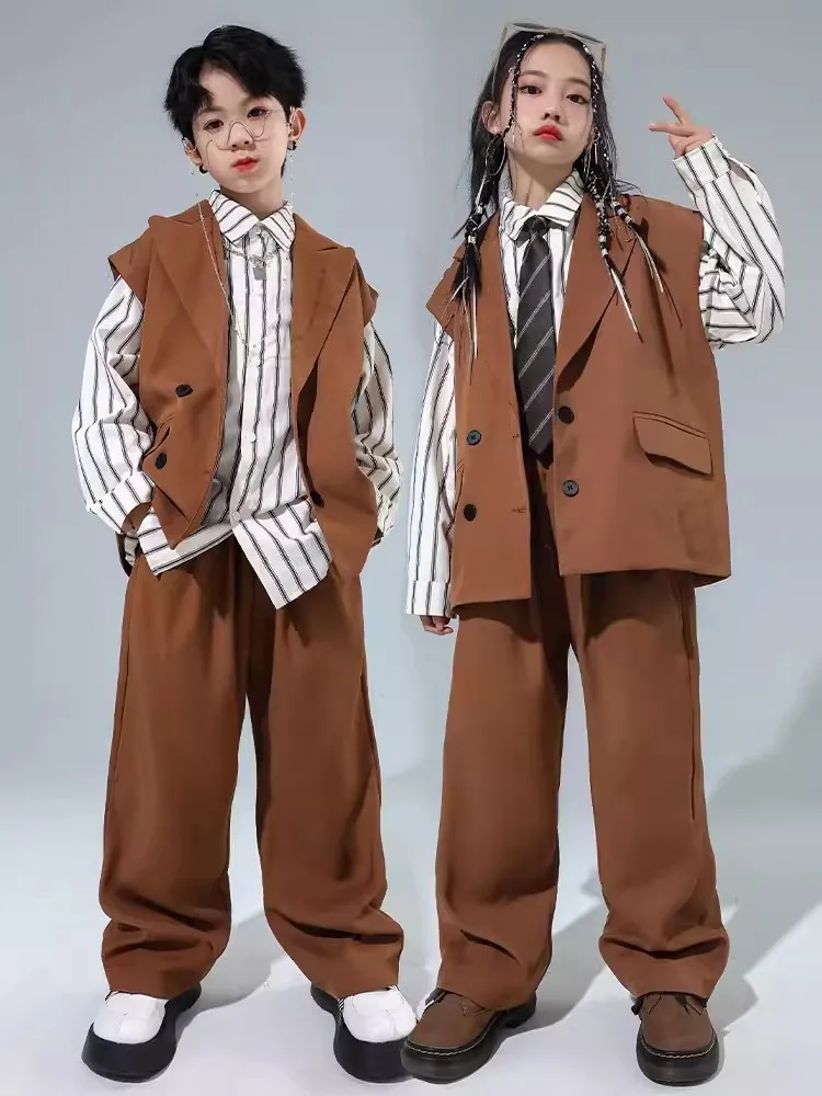 

New Hip Hop Kids Clothes Brown Vest Pants Long Sleeves Shirts Boys Street Dance Breaking Performance Costume Girls Suit