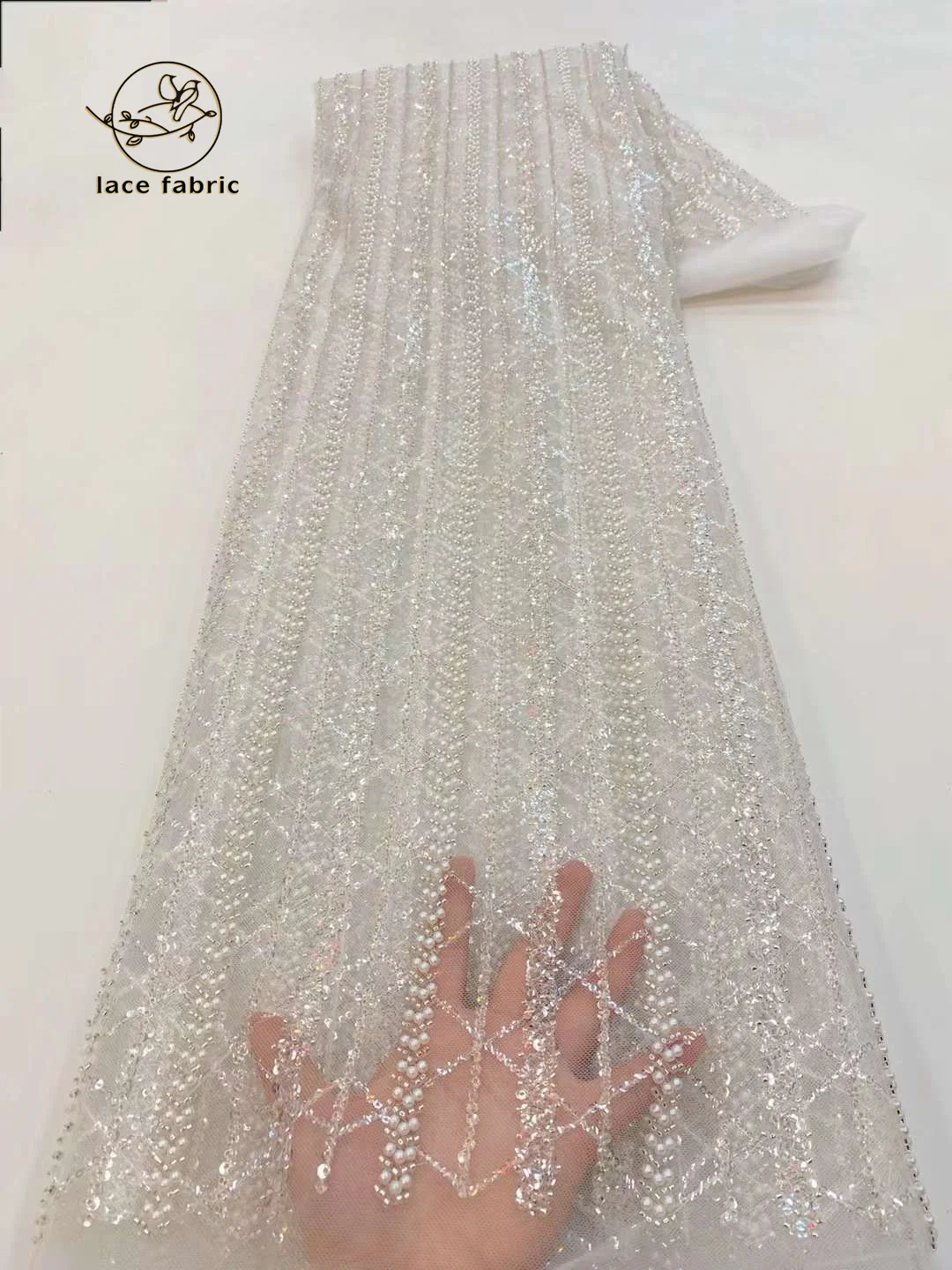 White Luxury Nigerian Handmade Beads Lace Fabric 2023 High Quality Sequins Embroidery African French Net Lace Fabric For Wedding