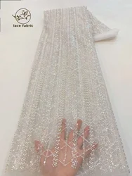 NigWin-Tissu en dentelle de perles faites à la main, broderie de paillettes, filet africain et français, mariage de luxe, blanc, haute qualité, 2023