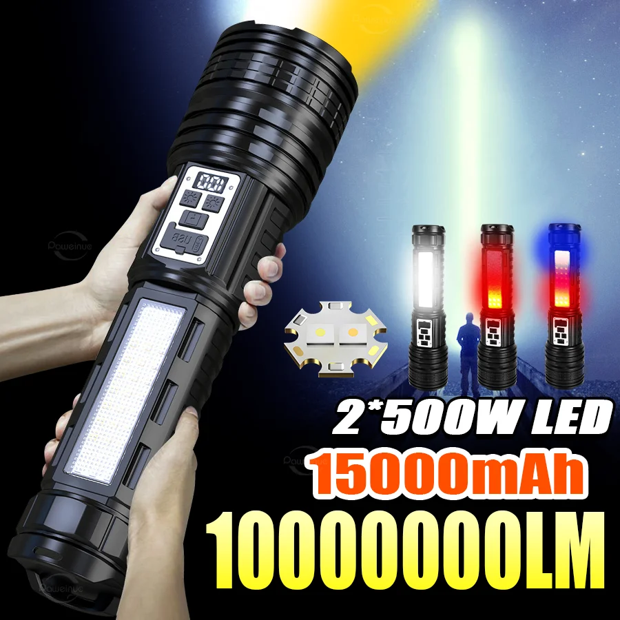 

2*500WLED супер большой фонарик перезаряжаемый самый сильный светодиодный фонарик дальнего действия с зумом для улицы с цифровым дисплеем мощности