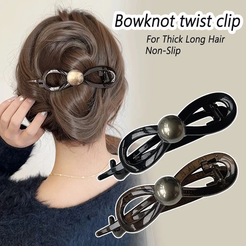 Pinzas para el cabello trenzadas con lazo de perlas elegantes, pasadores de plátano con lazo de Color café negro, horquillas acrílicas antideslizantes para cabello fino y grueso