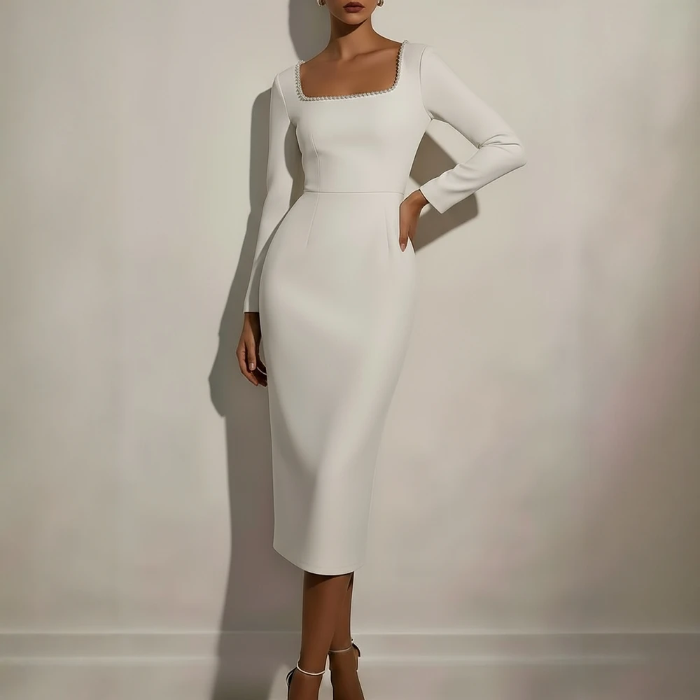 Inverno outono meados de comprimento a linha vestido em torno do pescoço manga reta corpo-encaixe estilo europeu vestido feminino