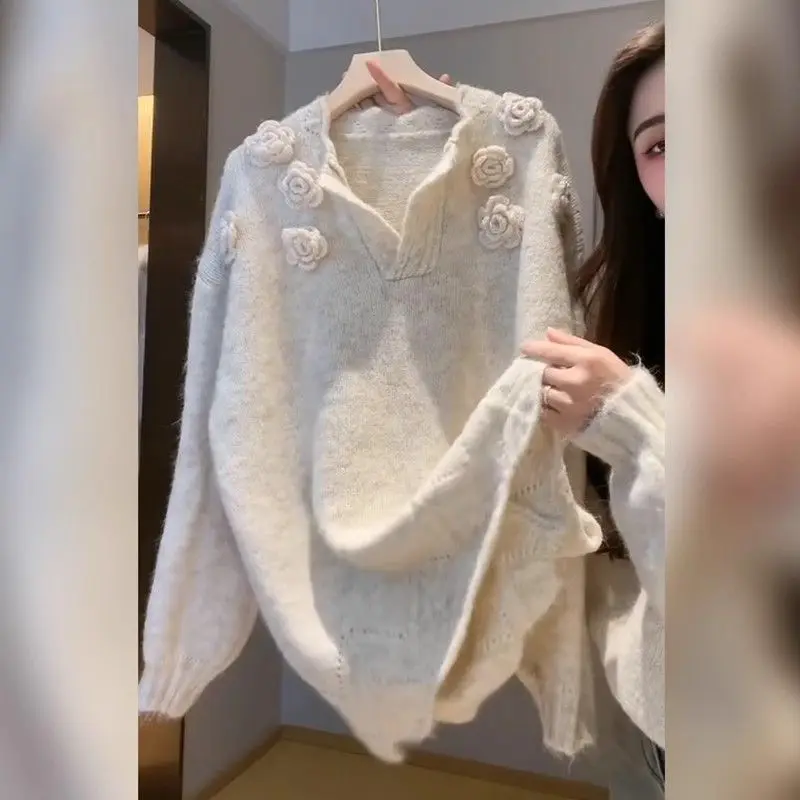 Autumn Winter Women Stylish 3D Flower Chic Soft Knitted Sweater Casual Streetwear Hollow V Neck Long Sleeve Loose Pullover Tops
