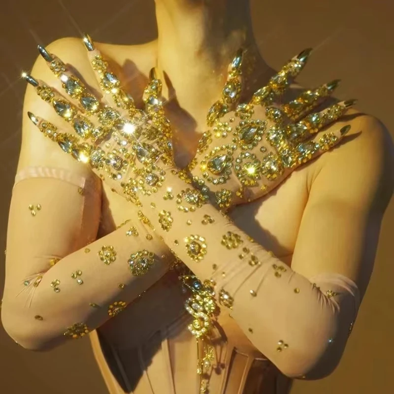 

Длинные перчатки с золотыми стразами, женские танцовщицы, певицы, ночного клуба, эластичные аксессуары для бара, шоу, блестящие женские роскошные варежки