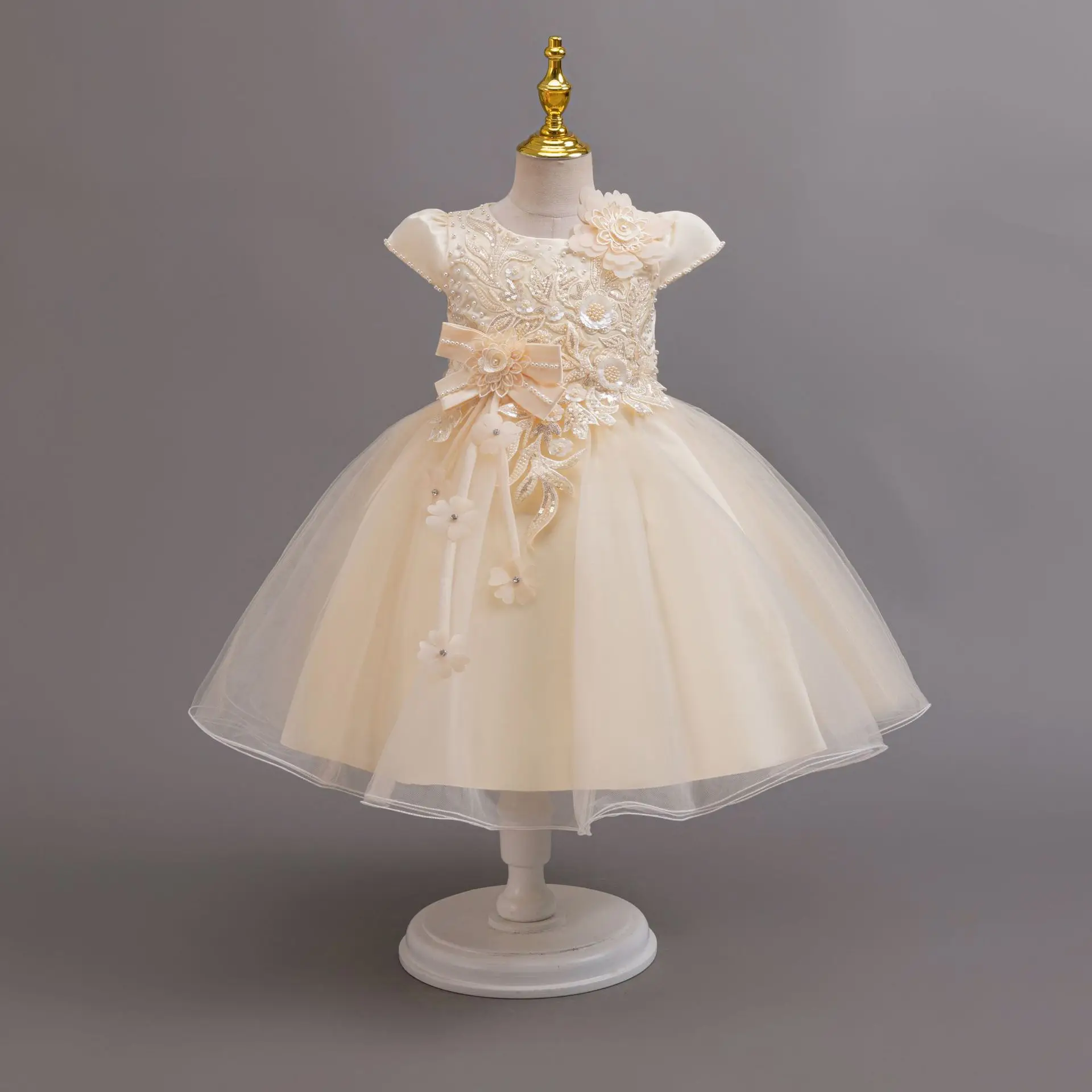 Children Clothing Fashion Pearl Decoration Lace Flower Girl Dress Bridesmaid Dresses For Weddings Party Girls Elegant Dresses