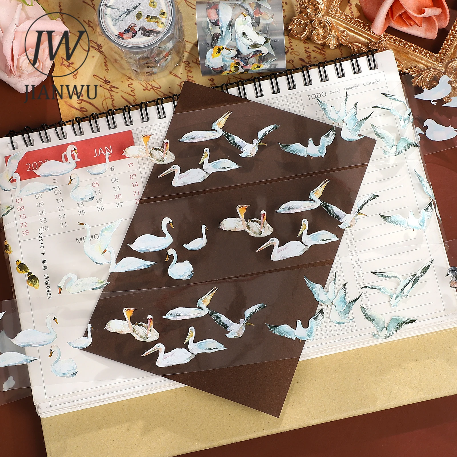 

JIANWU 43mm*5m Vintage Wild Birds Duck Goose Landscape Material Collage Scrapbook PET Tape Creative DIY Journal Stationery