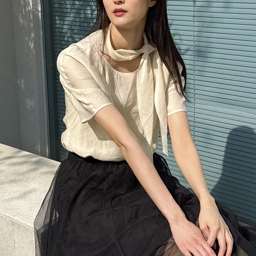 

Mimifafa CC Pure Original 26 New Lightweight Fabric Gentle Sash Shirt with Strap Women's Short Sleeve Casual Fashion Top