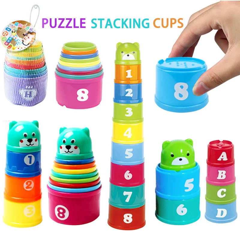Frühe Kindheit Bildung Stapeln Tasse Regenbogen Turm Puzzle Stapeln Spiel Brief Kragen Übung Gehirn Entwicklung Spiel