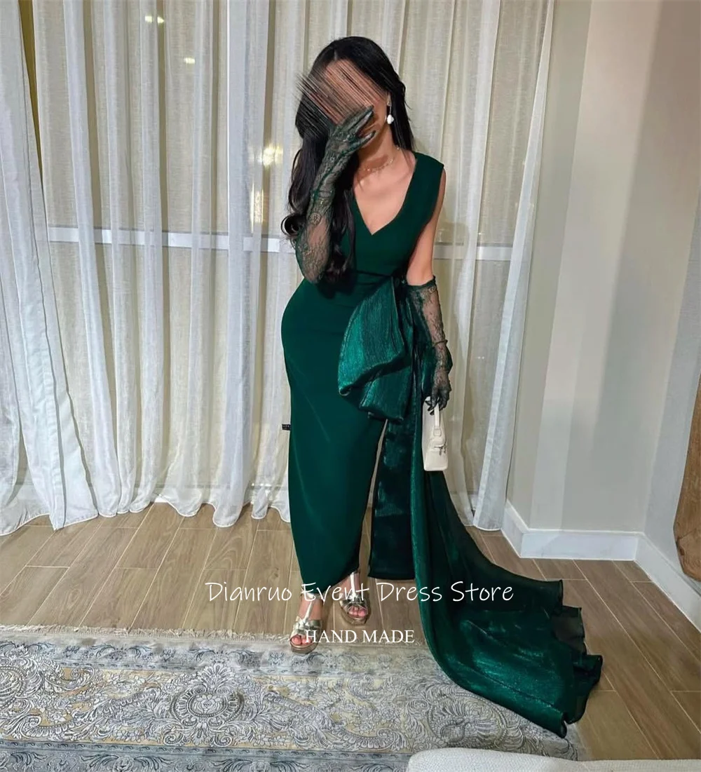 Dianruo Ärmellose V-ausschnitt Lange Abendkleider Elegante Schleife Meerjungfrau Saudi Prom Kleider Charming Satin Abendkleider Dubai Angepasst