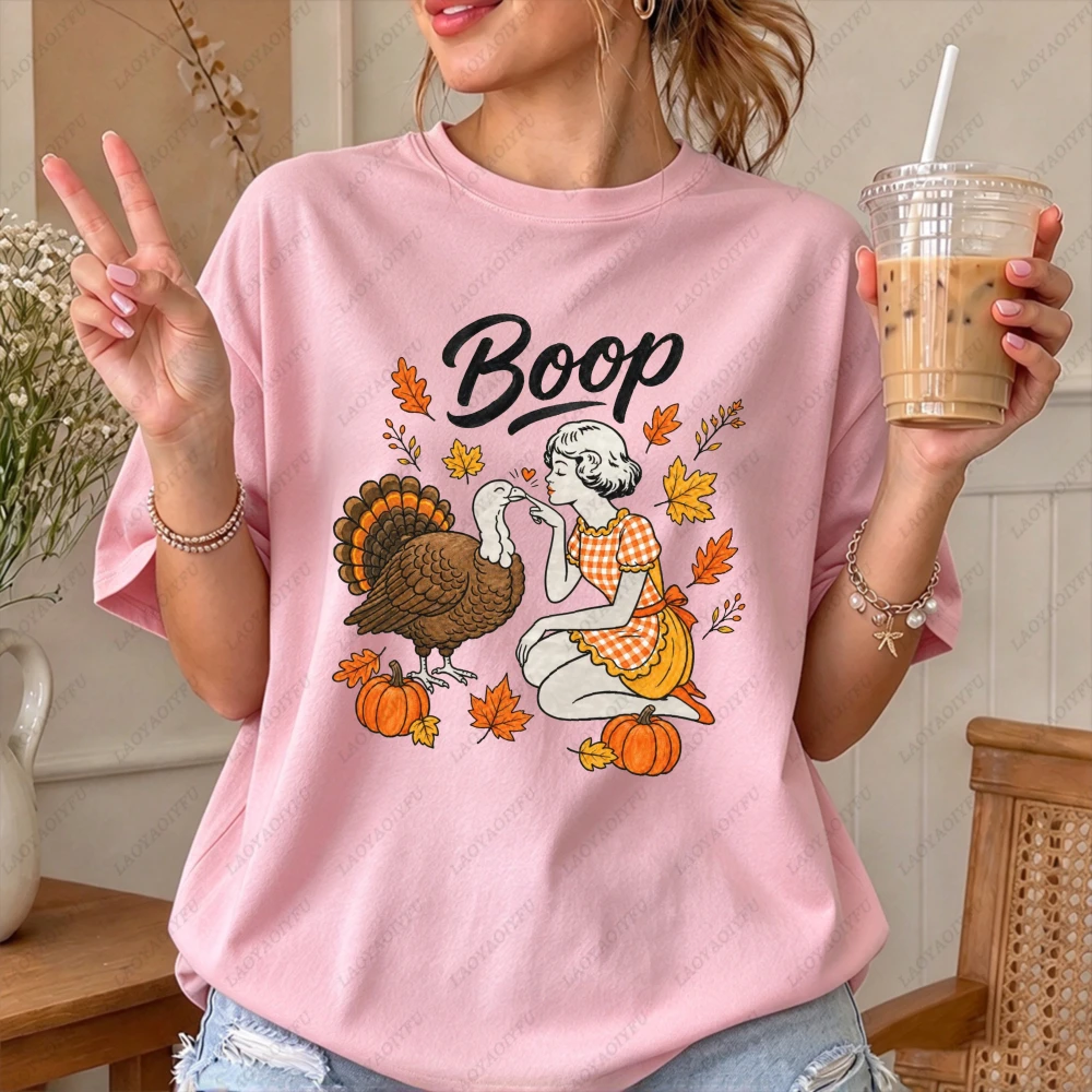 Funny Boop Thanksgiving Girl Touch Turkey Graphic Women Casual Short Sleeve Cotton T-Shirt Vintage Fall Family Funny Turkey Tee
