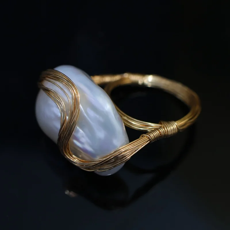 

SGARIT 14K Gold Filled Classic Retro Natural Freshwater Baroque Big Pearl Ring adjustable size Gift for Women