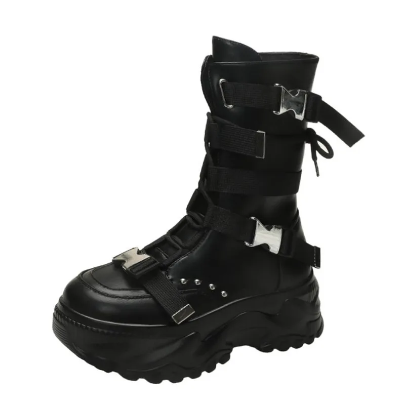 Luxury Chunky Platform Motorcycle Boots Women Buckle Strap Thick Sole Combat Boots Woman Autumn Winter White Ankle Botas Mujer