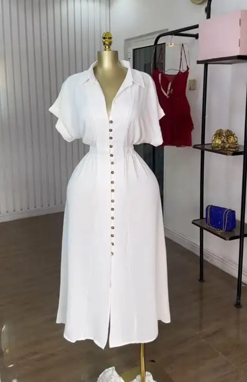 2025 여름 신상 여성 의류 패션 라펠 반팔 싱글 버튼 허리 조절 슬릿 셔츠 원피스