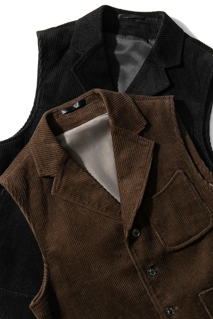 Gilet en velours côtelé noir GlaCoffee pour homme, col tailleur, gilet d\'outillage rétro, simple boutonnage, 3 poches, vintage, mariage, tweed