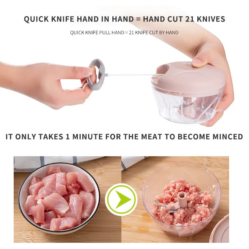 1pc Pink/Blue 500ML/900ML Household Kitchen Garlic Chopper Mashed Hand Pulled Meat Grinder Multifunctional Vegetable