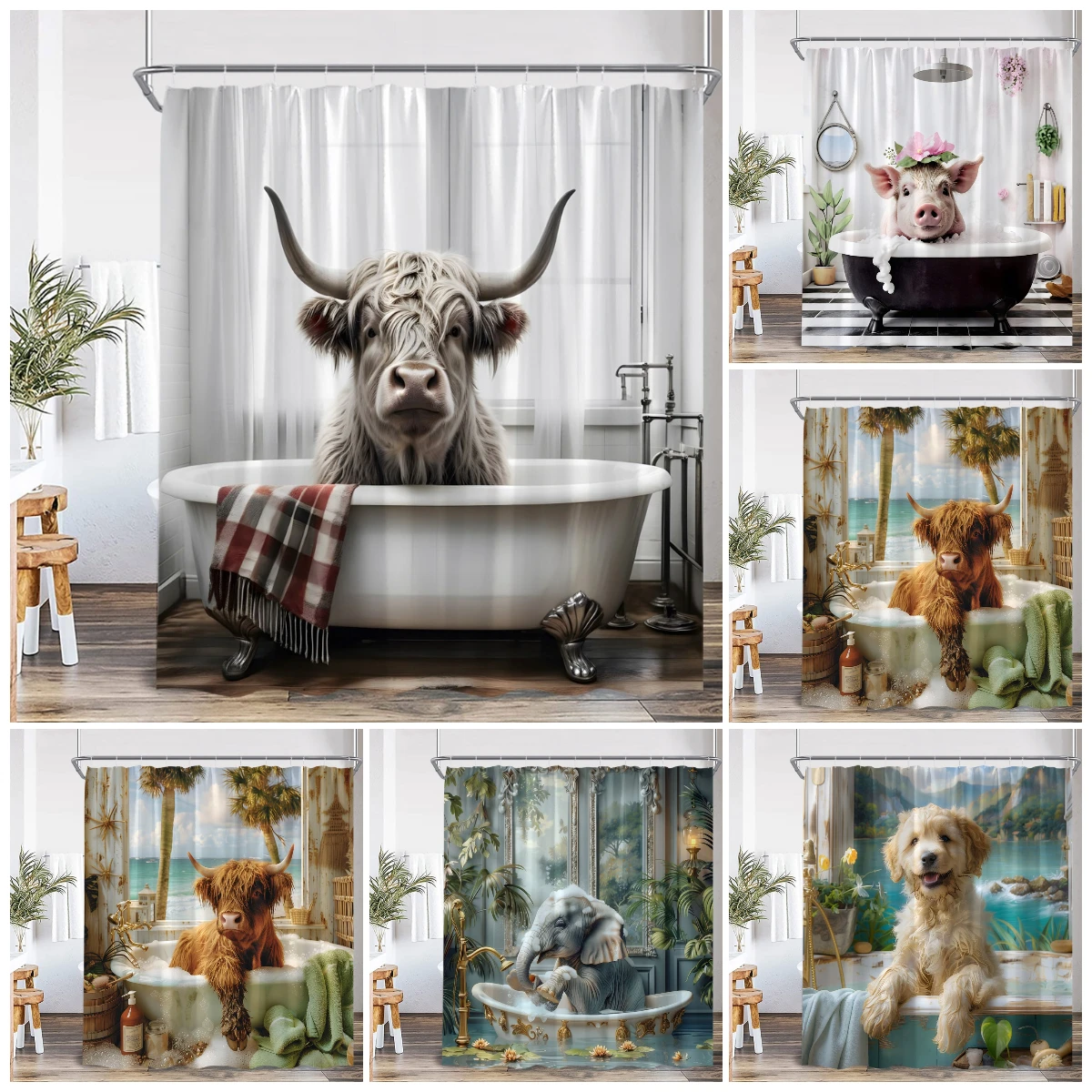 Funny Bathing Animals Shower Curtains Goat Highland Cow Elephant Dog Pig Bathroom Decorations Bath Animal Bathtub Curtain