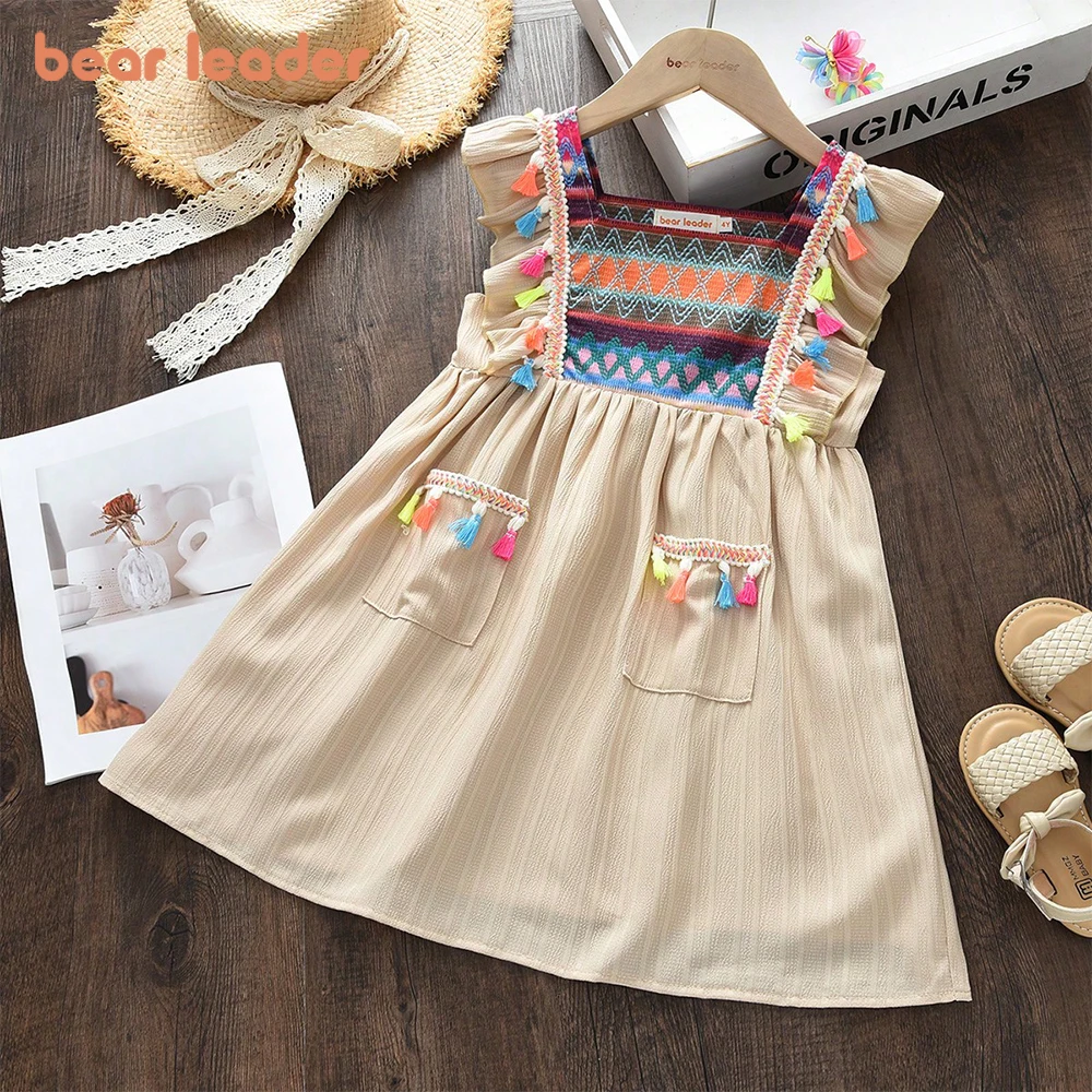 Bear Leader 2026 New Khaki Casual Dresses on Clearance Sale of Girls Pocket Kids Dress Summer Daily Children's Dress