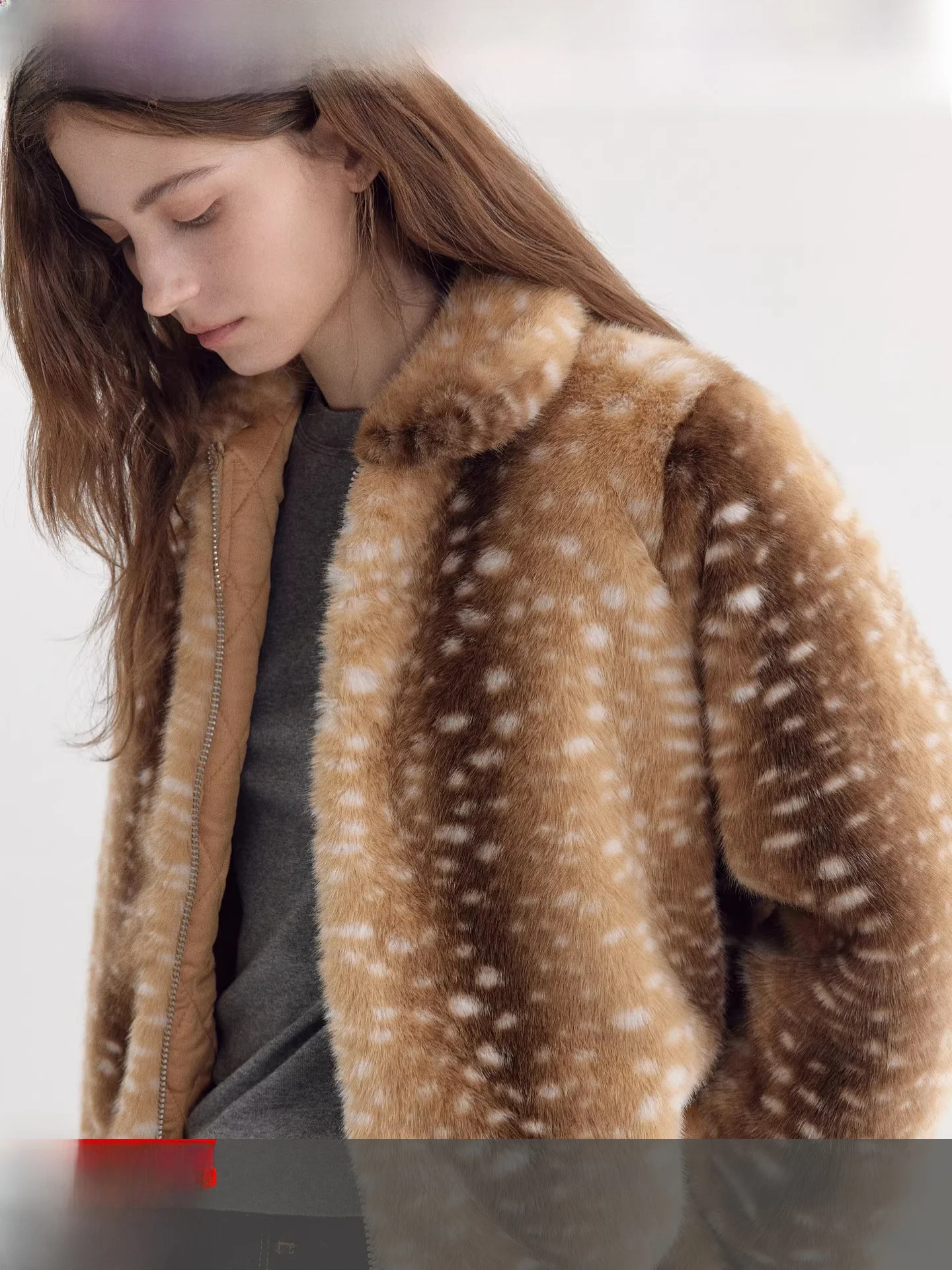 Fano Winter Aosphere Caramel Brown "Deer Spot Pattern Diamond Quilted Eco-friendly Fur Coat Casual Loose Fit Long Sve Z...